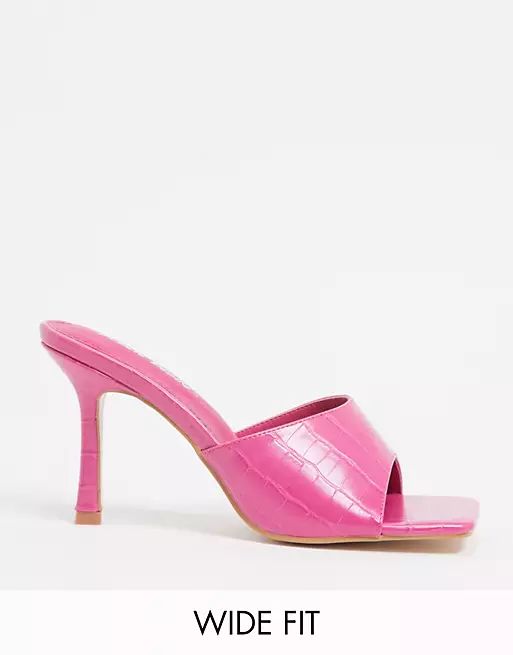 Public Desire Wide Fit Exclusive Harlow mule with square toe in pink croc | ASOS (Global)