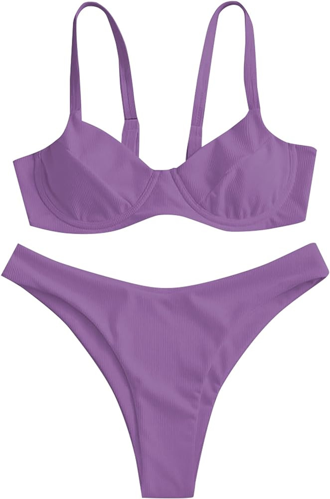 ZAFUL Women's Ribbed Underwire Bikini Set High Cut V Notch Smocked Swimwear Printed High Leg Swim... | Amazon (US)