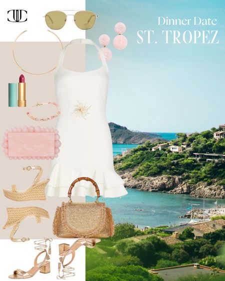 A perfect outfit for a dinner date in St Tropez.

Dress, purse, sunglasses, sandals, slides, earrings, travel outfit, travel look, summer dress, summer look, summer outfit, vacation look, wedge sandals, clutch 