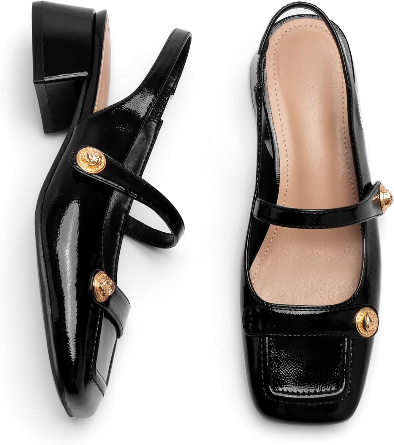Slingback Mary Jane Heels for Women Low Block Heel Closed Square Toe Pump Shoes Heels Classic Daily Office Dressy Shoes | Amazon (US)