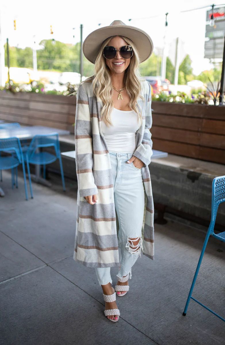 PRE-ORDER: With The Seasons Grey Stripped Long Coat | Apricot Lane Boutique