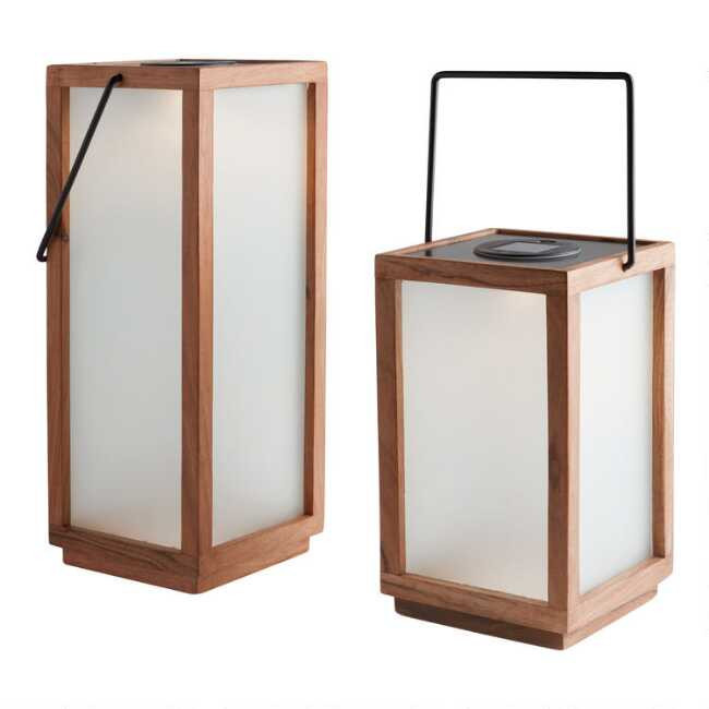 Square Walnut Wood and Frosted Glass Solar LED Lantern | World Market