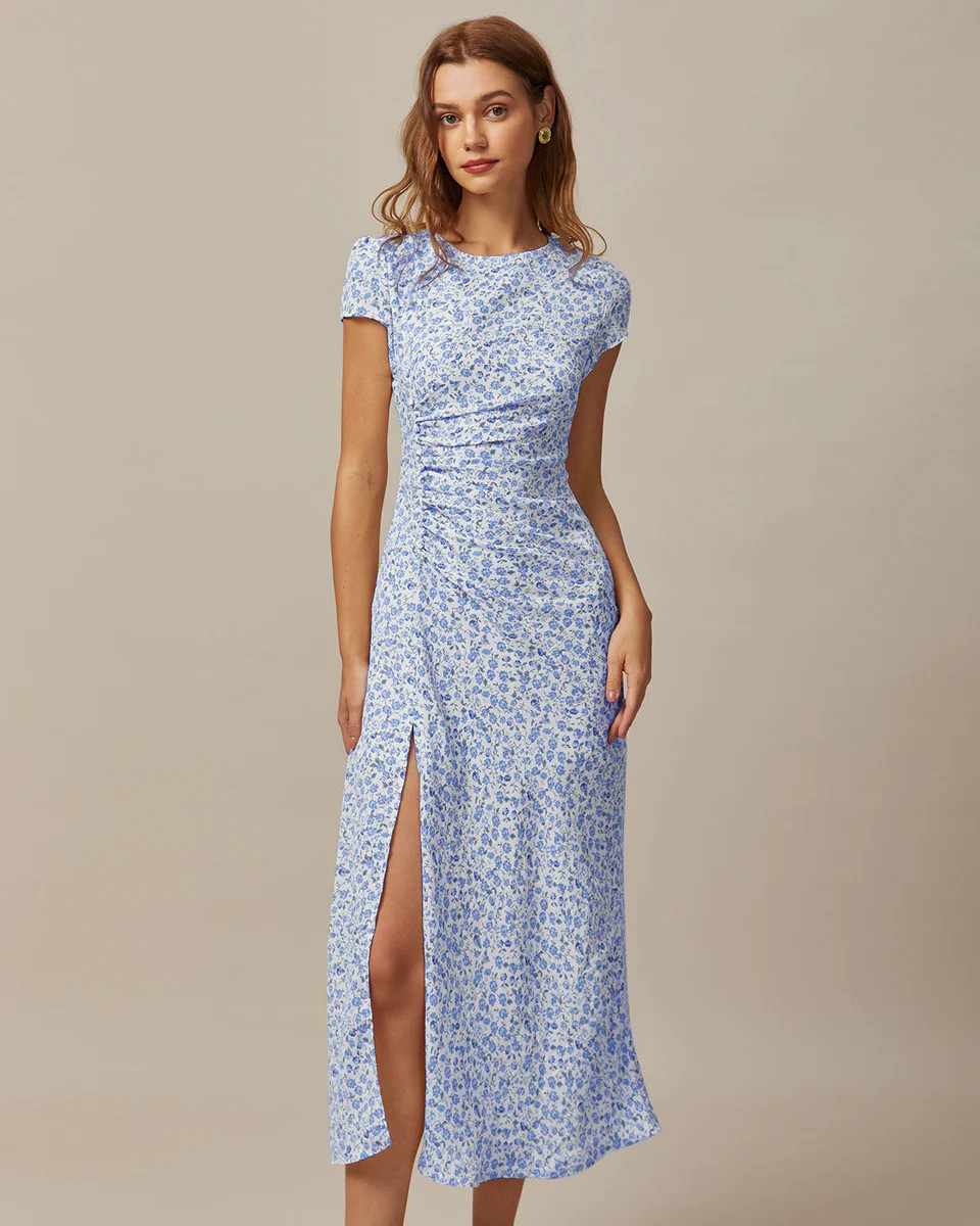 The Blue Round Neck Floral Slit Midi Dress | rihoas.com