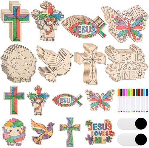 Jpfezry 56 Pcs Jesus Religious Christian Craft Kit for Kids - DIY Wooden Bible Coloring Magnets G... | Amazon (CA)