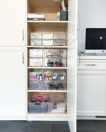 Clear stacking drawers are a great way to organize office and school supplies! In this mudroom, mom set up a counter command center … the desktop computer sits here and she kept all of the school supplies in a nearby cabinet. They were previously sitting on the shelves in a random collection of boxes. These stacking drawers made great use of the shelf space and allowed us to easily divide by category. Looks so nice!! 

#LTKfamily #LTKhome #LTKkids