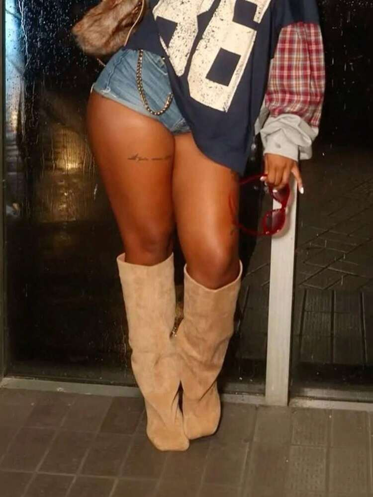 Women's Knee High Boots Slouchy Suede Stiletto Boots Kitten Heel Wide-Calf Square Toe Long Boots Pull On Stiletto Heels Tall Boots For Women | SHEIN