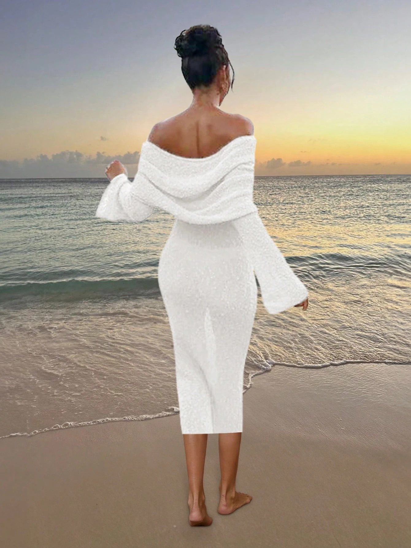 Damen Sommer Strandurlaubs Outfit, einfarbiges Kleid, Off-Shoulder, ausgeschnittenem und transpar... | SHEIN