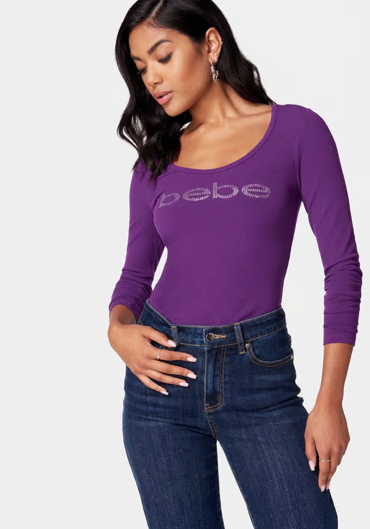 Long Sleeve Scoop Neck Bebe Logo Rib Top | Bebe