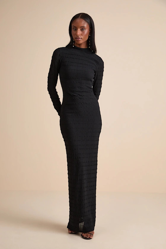 Trendsetting Design Black Textured Long Sleeve Maxi Dress | Black Sweater Dress | Lulus