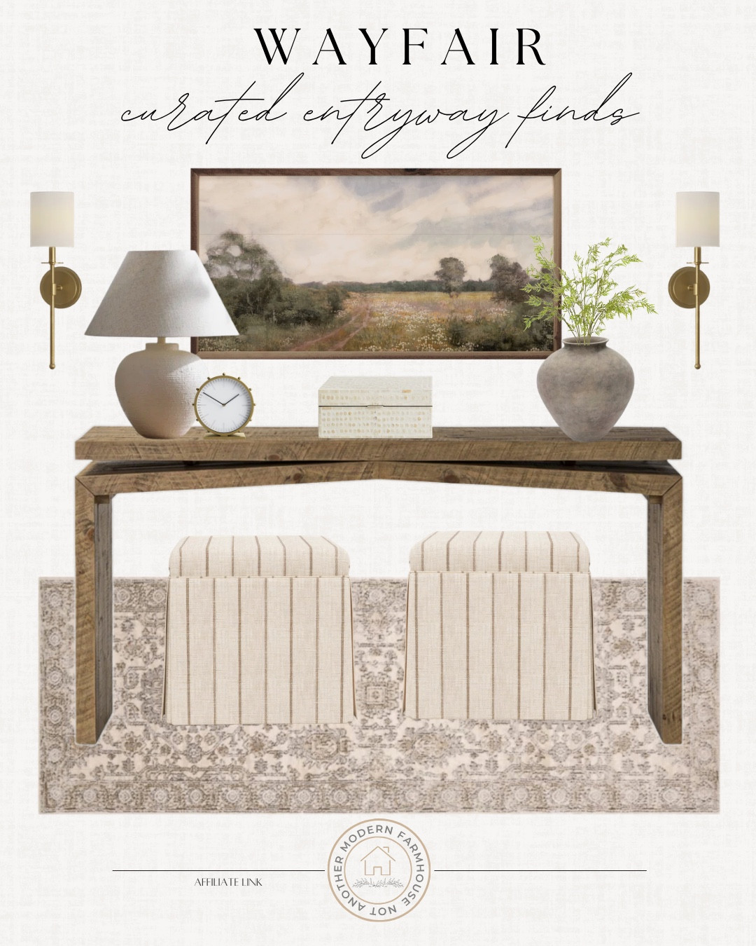Wayfair curated entryway includes runner rug, upholstered ottomans, console table, decorative box, vase, greenery stems, wall sconces, table lamp, table clock, and wall art.

Neutral decor, home decor, styled entryway, entryway decor

#LTKHome #LTKSeasonal #LTKSaleAlert