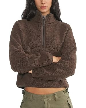 Womens Fleece Sweatshirts Cropped Half Zip Fuzzy Warm Sherpa Pullover Varsity Jackets with Zipper... | Amazon (US)