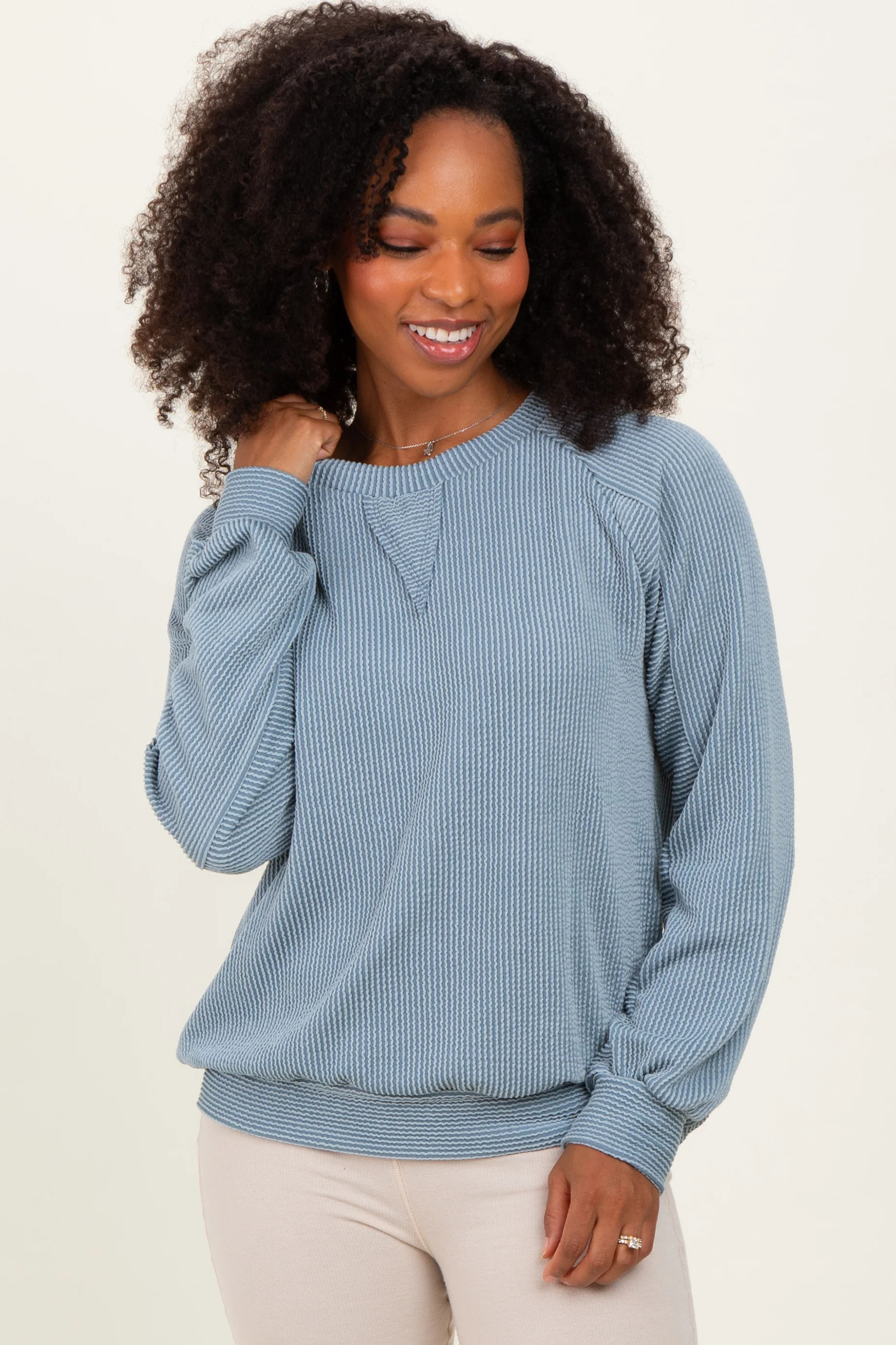 Blue Textured Rib Knit Pullover | PinkBlush Maternity