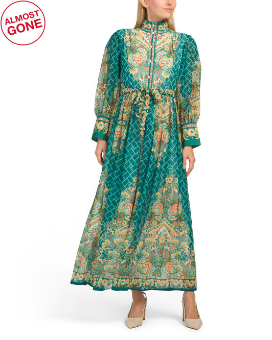 Deco Paisley Long Sleeve Maxi Dress With Border Detail | TJ Maxx