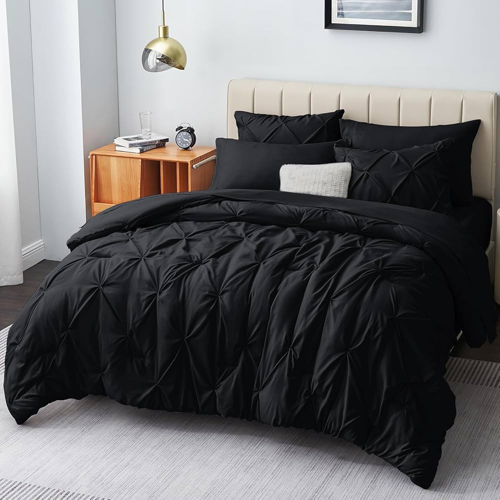 CozyLux King Size Comforter Set - 7 Pieces Comforters Black, Pintuck Bed in A Bag Pinch Pleat Bed... | Amazon (US)