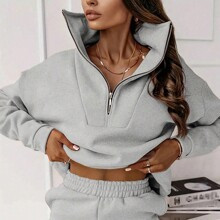 Ladies Solid Color Casual Hoodie And Sweatpants Set | SHEIN