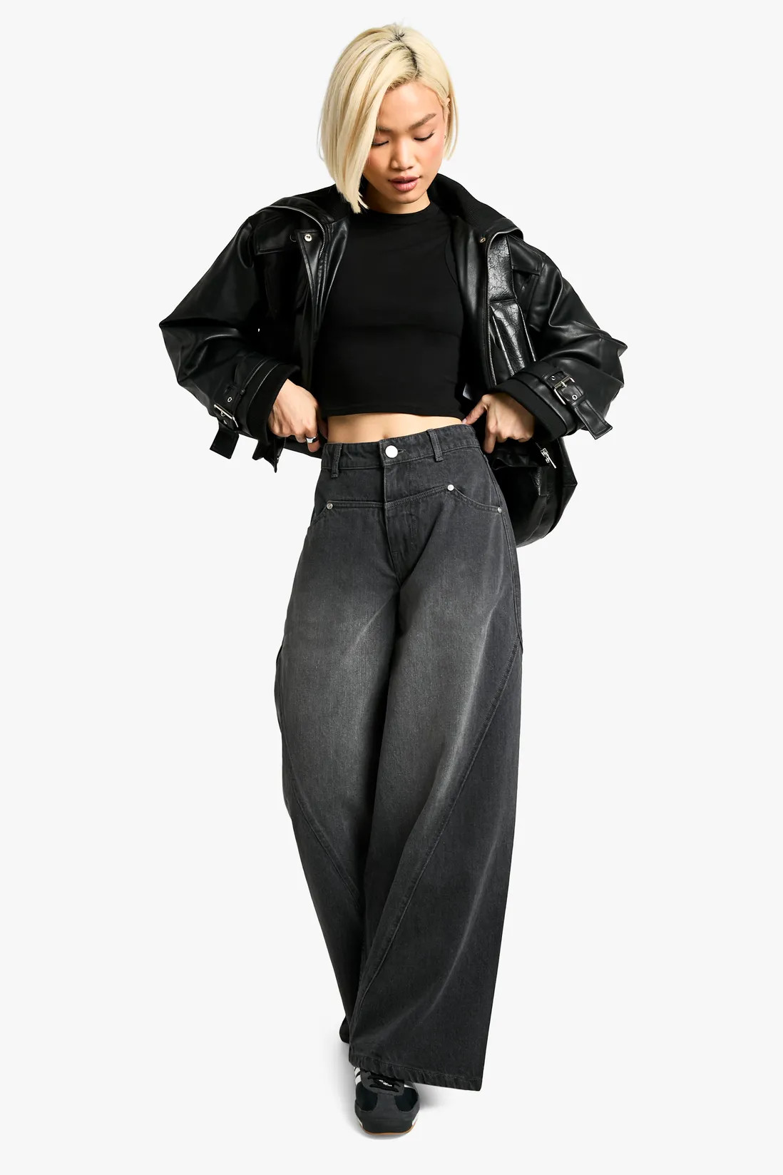 Seam Detail Washed Black Wide Leg Denim Jean | boohoo (US & Canada)