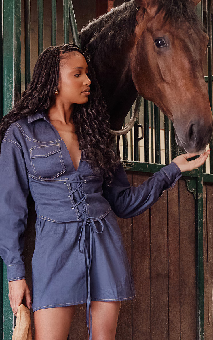 Dark Blue Contrast Stitch Denim Look Corset Shirt Dress | PrettyLittleThing US