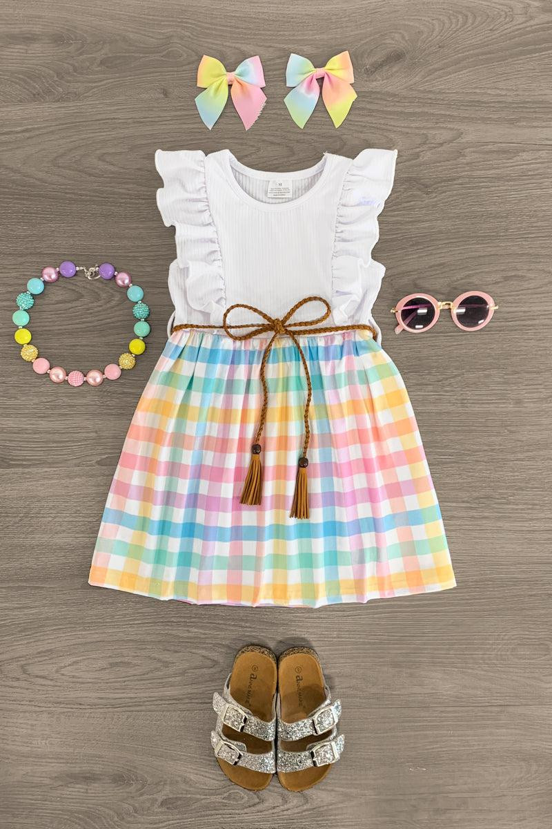 White Pastel Rainbow Plaid Dress | Sparkle In Pink