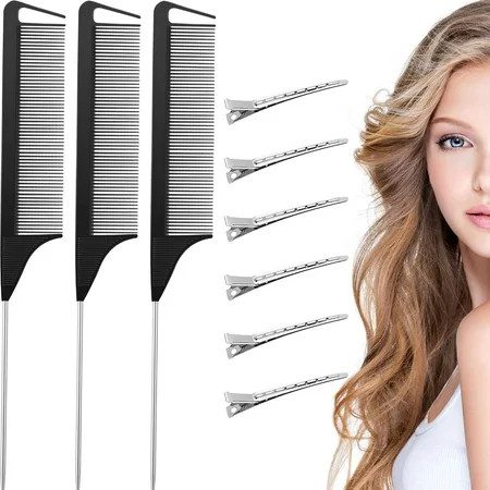 3 Pieces Rat Tail Hair Comb Pintail Comb Carbon Fiber Teasing Comb Stainless Steel Parting Comb and 6 Pieces Metal Curl Clip Duckbill Clip for Salon Barber Hairdressing Styling Tools | Walmart (US)