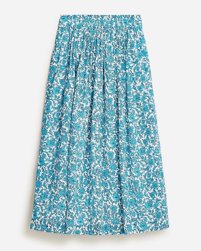 Smocked-waist cotton voile midi skirt in blue blooms block print | J.Crew US