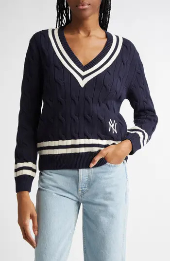 Sporty & Rich Yankees Serif V-Neck Cable Knit Sweater | Nordstrom | Nordstrom