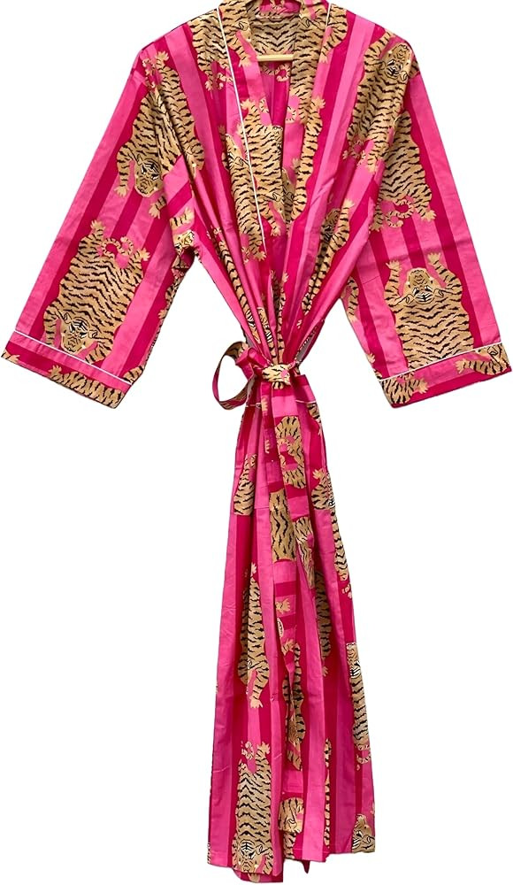 INDACORIFY Printed Kimono Robe, Lounge Wear Striped Cotton Kimono Bathrobe & Beach Cover Up Print... | Amazon (US)