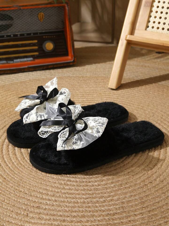 Women's Bowknot Furry Slippers, Spring/Autumn/Winter, Silent & Lightweight, Suitable For Home And... | SHEIN