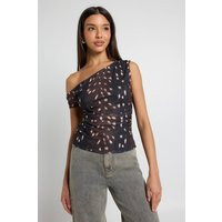 boohoo Women's Deer Print Asym Off-The Shoulder Top in Brown | Size: 4 | Denim | boohoo (US & Canada)