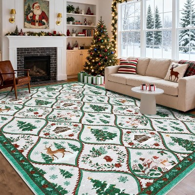 TackView Christmas Area Rug 5' x 7', Santa Reindeer Holiday Accent Rug Non Slip Washable Xmas Carpet, for Living Room Bedroom Nursery, Beige | Target