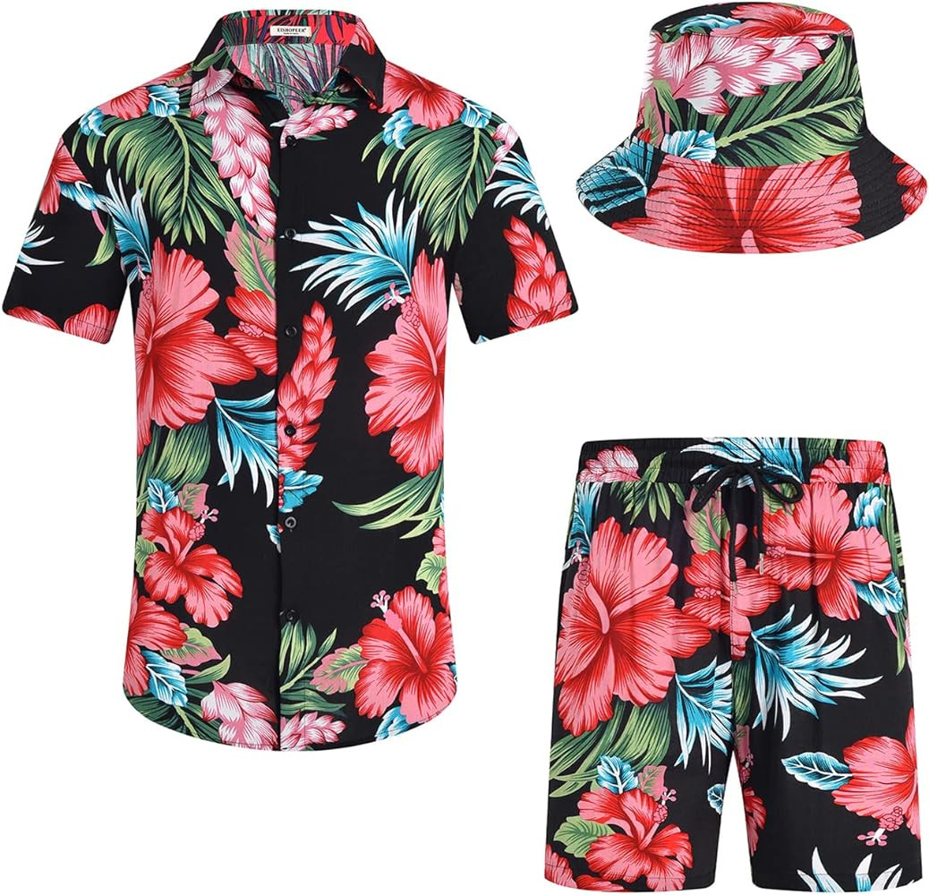 EISHOPEER Men's Flower Hawaiian Sets Casual Short Sleeve Shirt and Shorts Suits Outfits with Buck... | Amazon (US)
