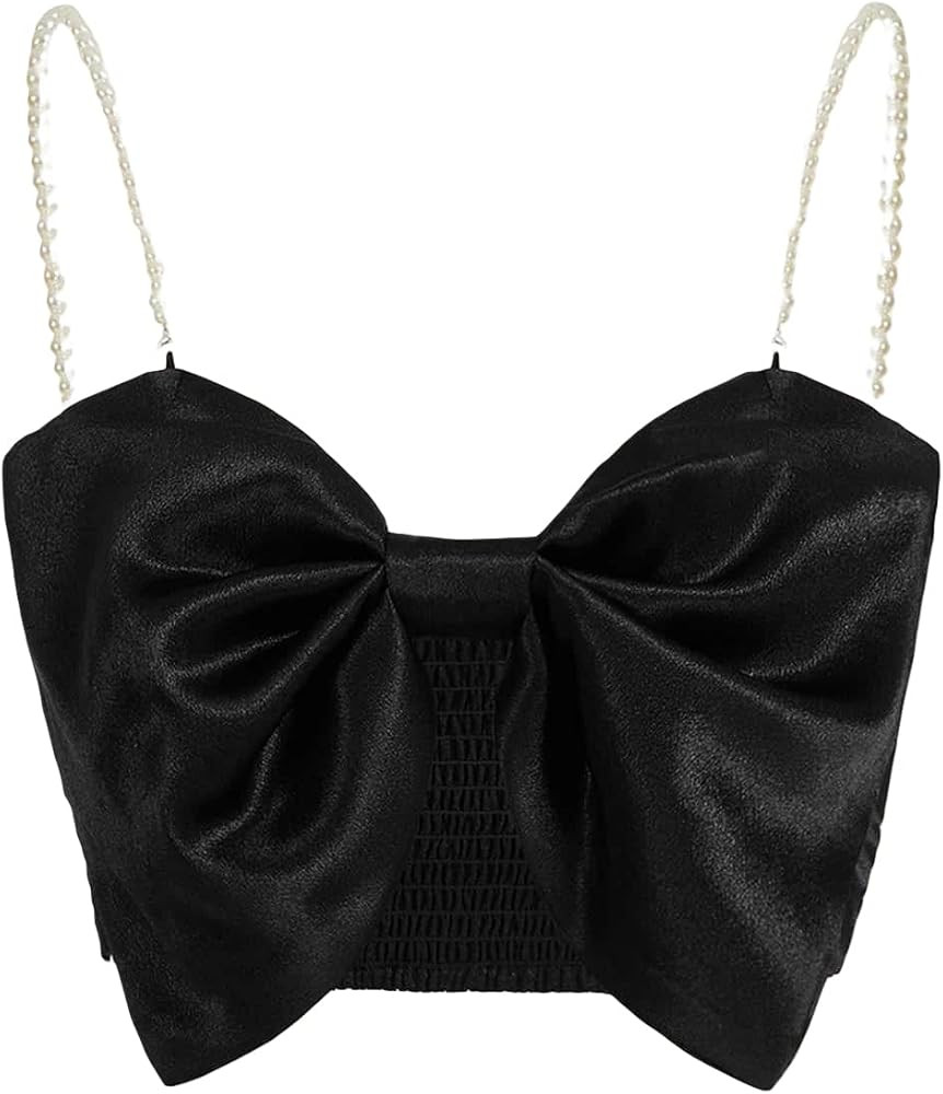 OYOANGLE Women's Bow Front Pearl Chain Strap Shirred Crop Cami Tops Summer Party Clubwear Tops | Amazon (US)