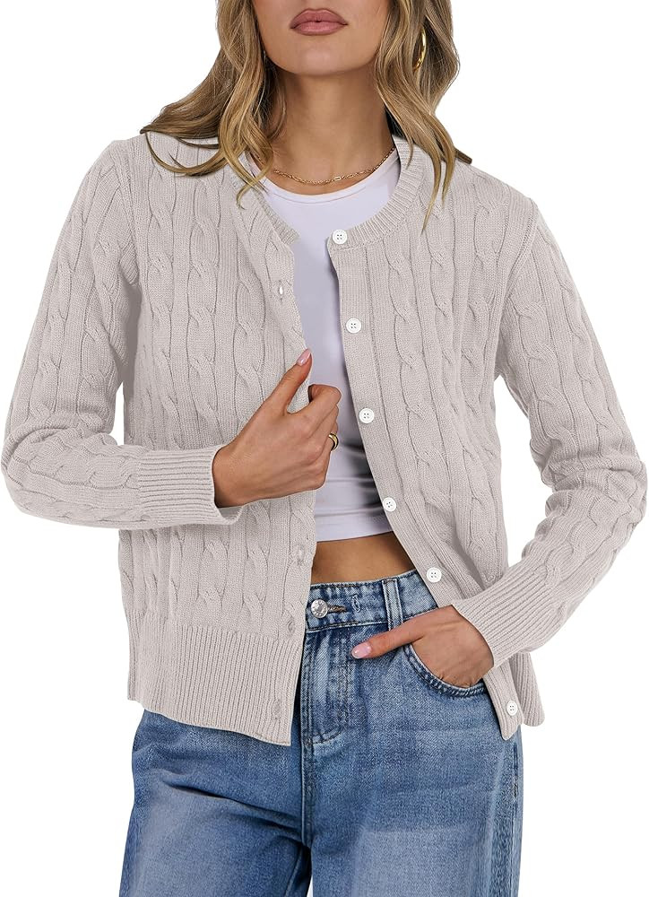 ANRABESS Women Cable Knit Cardigans Casual Dressy Long Sleeve Button Down Soft 2024 Fall Cropped ... | Amazon (US)