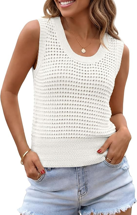 Saodimallsu Womens Summer Crochet Cover Up Sleeveless Scoop Neck Mesh Knit Beach Vacation Sweater... | Amazon (US)