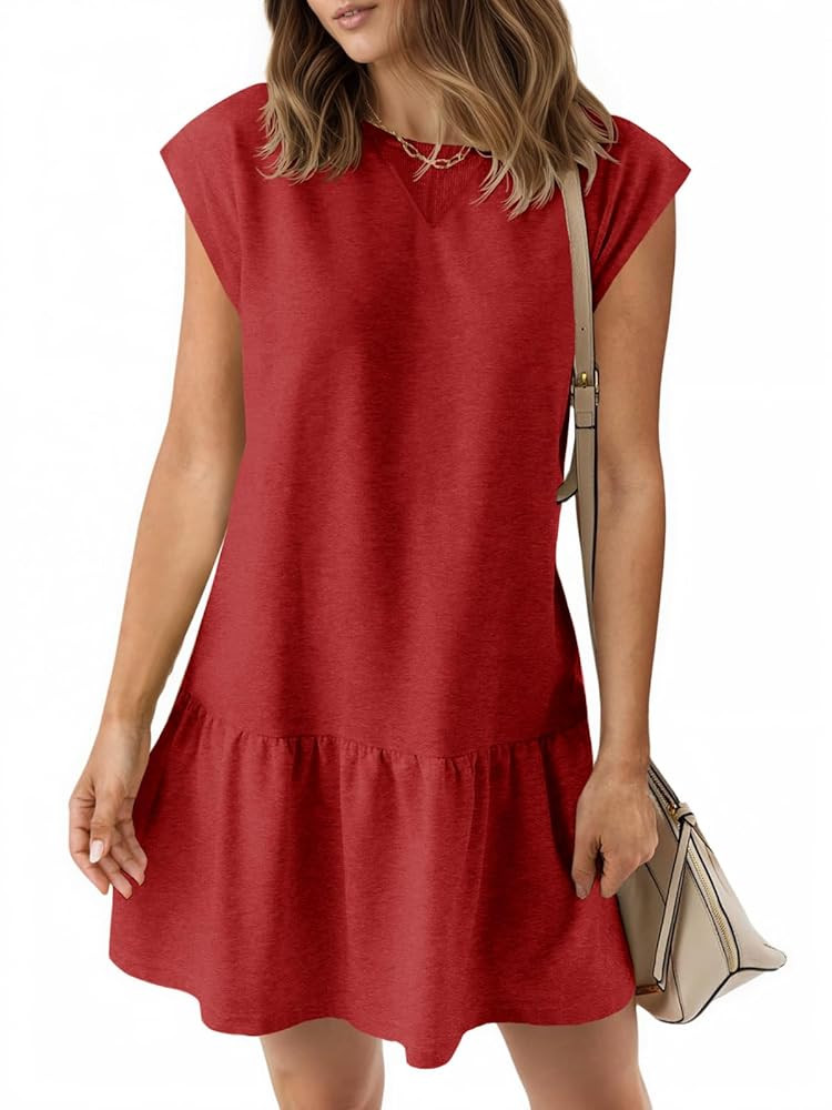 Wenrine Womens Summer T Shirt Dress Casual Short Cap Sleeve Ruffle Hem Crewneck Loose Mini Dresse... | Amazon (US)