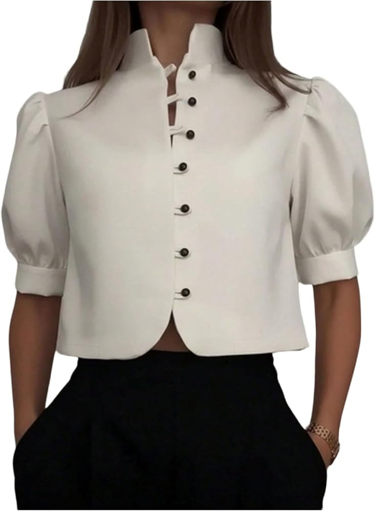 Floerns Women's Puff Sleeve Cropped Jacket Button Front Lightweight Elegant Dressy Casual Outerwe... | Amazon (US)