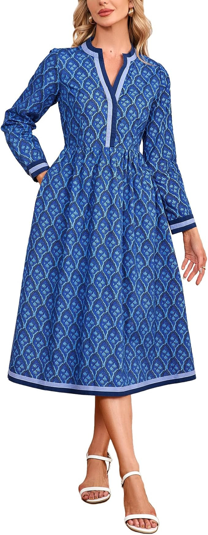 Women's Fall Floral Midi Dress Casual Long Sleeve V Neck A Line Elastic Waist Flowy Boho Dresses | Amazon (US)