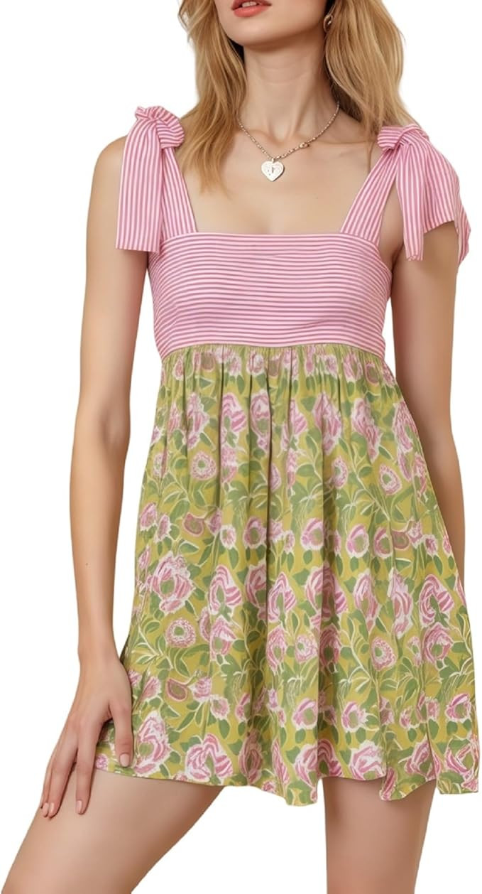 Women Boho Floral Mini Dress Tie Shoulder Babydoll Dress Square Neck Flowy Sundress Summer Going ... | Amazon (US)