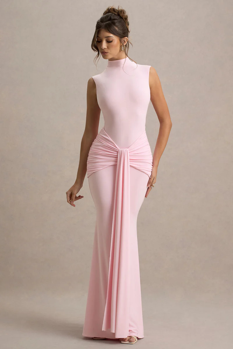 Graziana  Pink High-Neck Gathered Draped Maxi Dress | Club L London