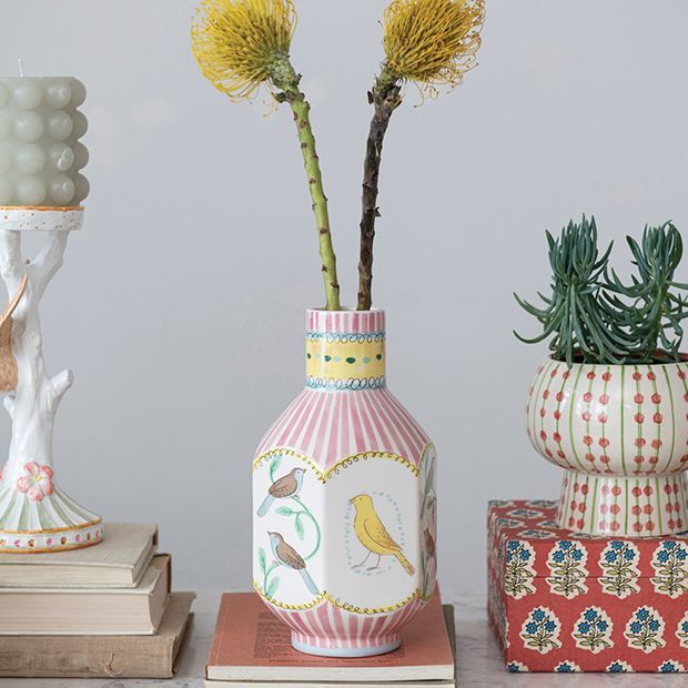 Bird Pattern Multicolor Ceramic Vase | Antique Farm House