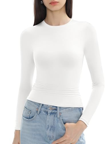 C202 Long Sleeve Shirts for Women Crew Neck Double Lined Going Out Tops Slim Fitted Y2k Tops Basic Tees, Marble Medium | Amazon (US)