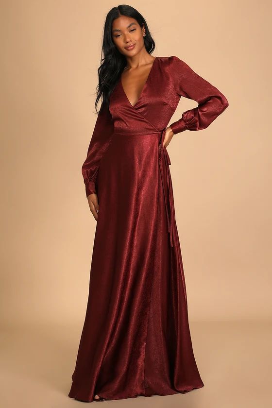 Have Faith Burgundy Satin Button Sleeve Wrap Maxi Dress | Lulus (US)
