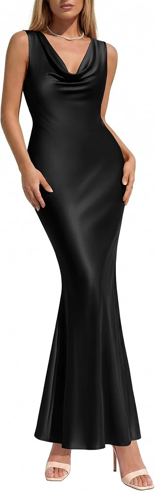 KIRUNDO Womens Summer Cowl Neck Sleeveless Satin Maxi Dress Elegant Bodycon Cocktail Wedding Gues... | Amazon (US)