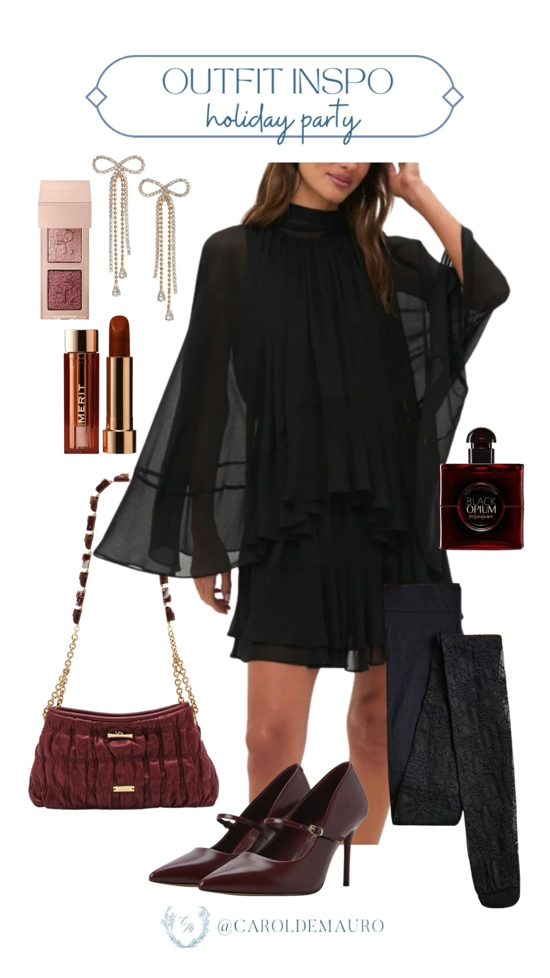 Look chic and effortlessly cool at your next holiday party with this little black dress! Love the chiffon and mesh details of the dress and paired with black tights and a burgundy Mary Jane heel shoes? Chef's kiss!

classic outfit, timeless fashion, party style, nightout look, elevated chic, winter style, trendy handbag, makeup finds

#LTKSeasonal #LTKBeauty #LTKU