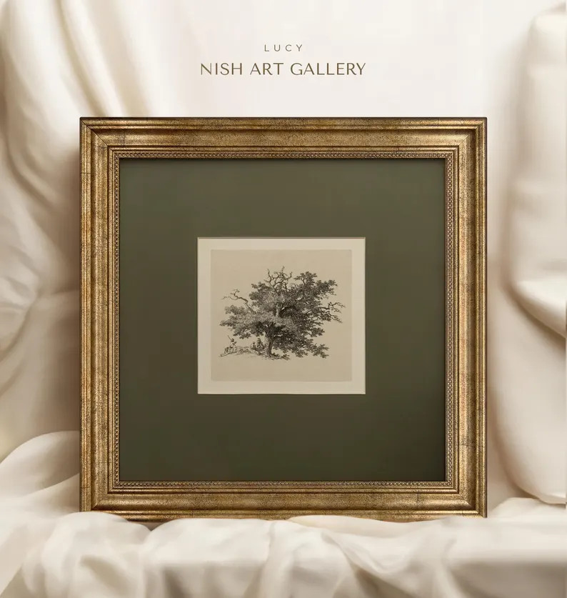 Vintage Art Framed Matted, Tree Wall Art Print, Forest Landscape Drawing, Tree Sketch Art, Square... | Etsy (US)