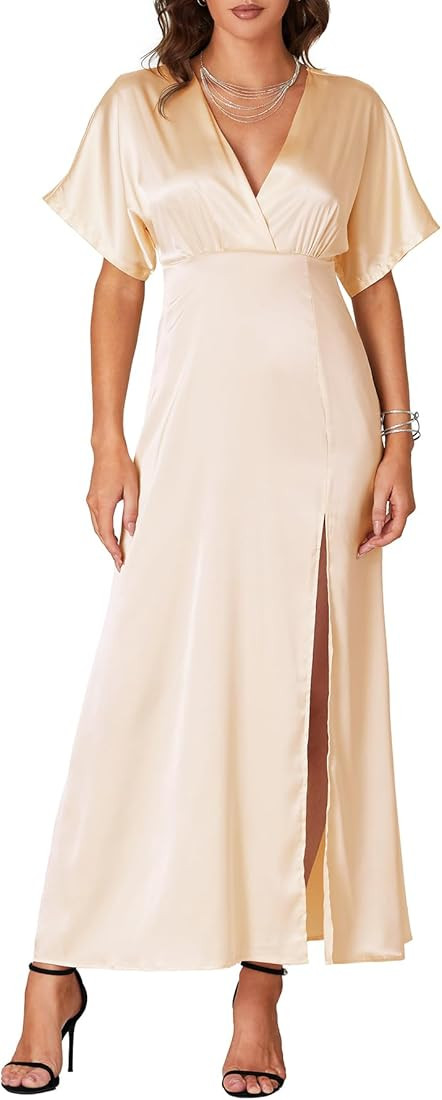 LYANER Women’s Summer Satin Wrap V Neck Ruffle Short Sleeve Slit Maxi Dresses | Amazon (US)