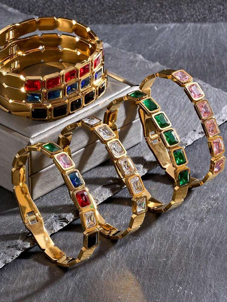 1pc Colorful Square Cubic Zirconia Bracelet, Stainless Steel Inlaid 5A Grade Cubic Zirconia Gold Bangle For Women, Girls, Mothers, Daughters, Elegant, Thick Cuff, Birthday, Daily Party, Saudi National Day Jewelry Gift | SHEIN
