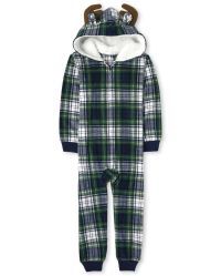 Unisex Kids Matching Family Christmas Long Sleeve Moose Plaid Fleece Hooded One Piece Pajamas | T... | The Children's Place