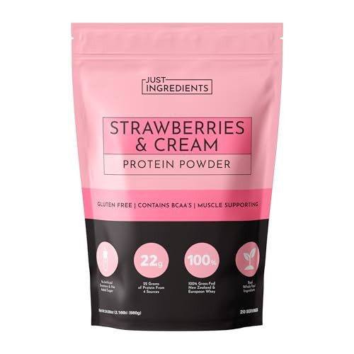 JUST INGREDIENTS Strawberries & Cream Protein Powder – 20-Serving Blend with 100% Grass-Fed Whey & Organic Plant Proteins – Real Strawberry Flavor – Supports Muscle Recovery, Energy* | Amazon (US)