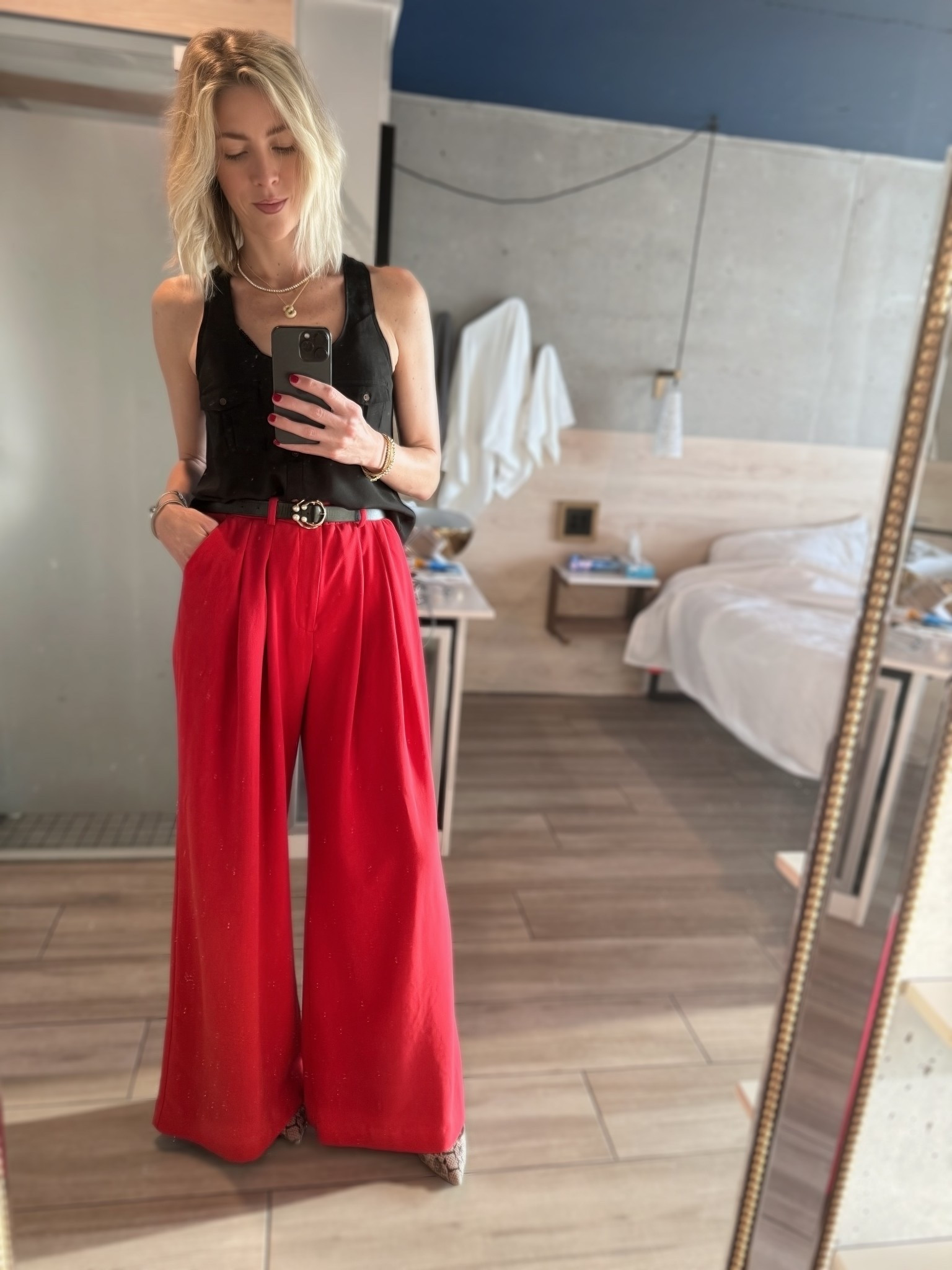 Holding onto my youth one vintage TarShay (aka Target for non millennials) piece at a time 💅🏼

THE DEETS:

👗 Black tank - vintage TarShay (Size S) because 2016 me had TASTE

🔴 Yes, THOSE pants again - Avery from Anthropologie in yet another color I couldn’t resist (Size 4 Tall)

⚫️ Belt - also vintage TarShay (we love a coordinated moment)

👙 Bra - vintage TarShay (the trifecta is complete)

👠 Heels - my ride-or-dies from JustFab

✨ Bling stack everyone always asks about - Bauble Bar

It’s 80° and sunny here in South Florida, so while it’s winter and cold everywhere else (much like my heart), I’m over here living my best life in wide-leg pants and a tank. You’re welcome.

Obvi exact of some items OOS but linked similar  

#LTKOver40 #LTKTall #LTKWorkwear