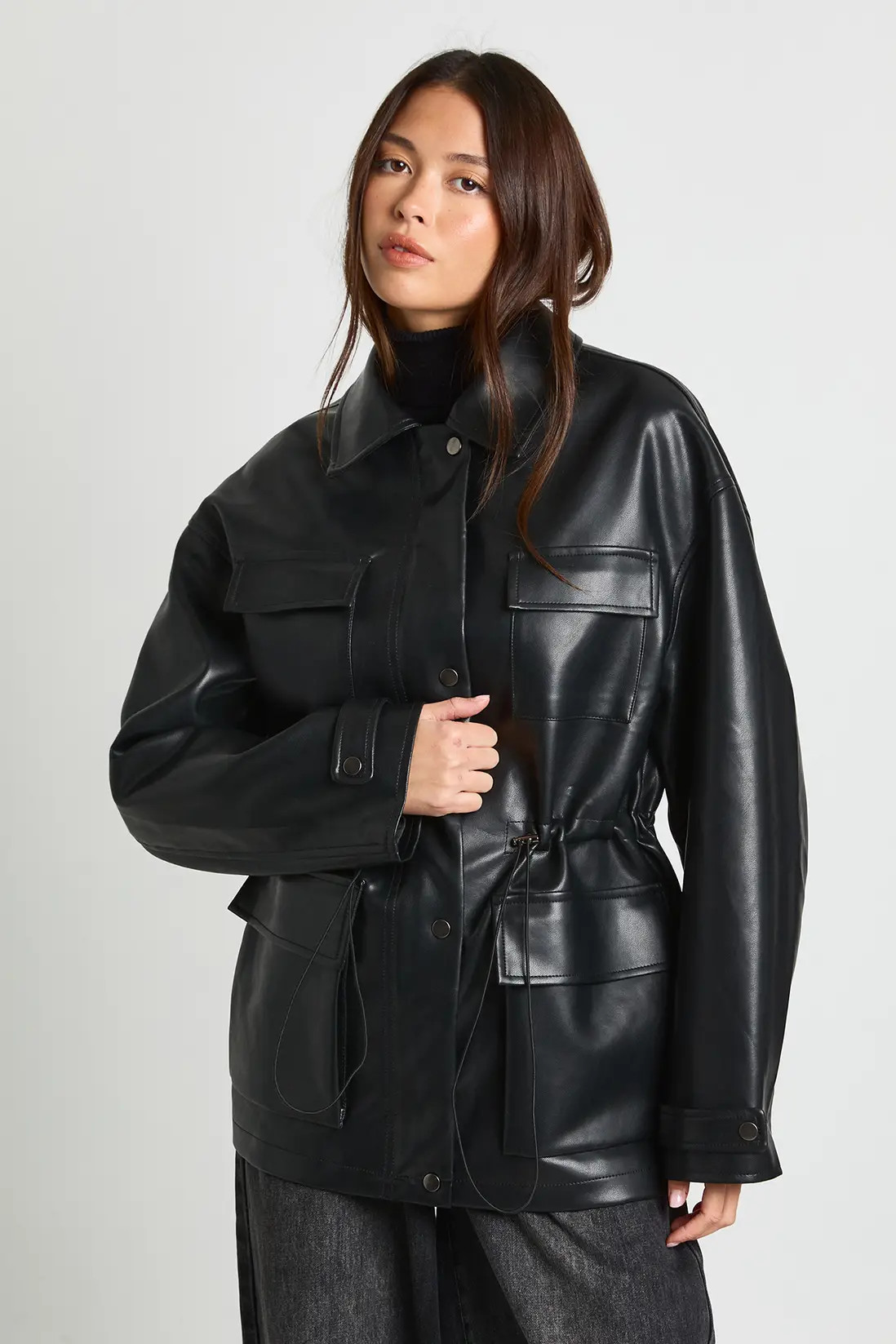Faux Leather Pocket Detail Cinch Waist Jacket | boohoo (US & Canada)
